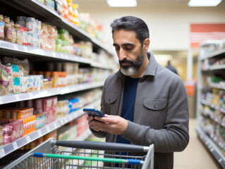 A man uses her smartphone to check his purchase list in a supermarket