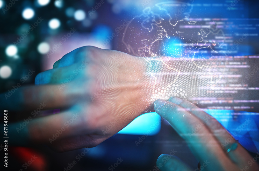 Poster Hands, virtual reality and ai hologram map, futuristic technology and location privacy for cybersecurity. World data overlay, dashboard security and programmer with software for access control on arm