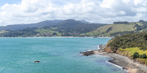 Fototapeta na wymiar Omapere: Hiking the Signal Station Track with Coastal Vistas of the Harbour and Coastline in Northland, New Zealand