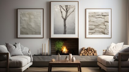 two images showing a fireplace in the room, in the style of minimalist grids, sabattier filter, white and gold, clear edge definition, nature-inspired, light white and white, asymmetrical framing