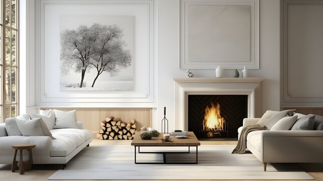 two photos which show two living rooms with a fireplace, a fireplace and a large window, in the style of sabattier filter, white background, clear edge definition, danish golden age