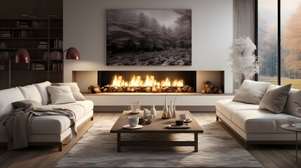 a living room with a modern fireplace, in the style of light white and light brown, cottagecore, oku art, mirror, environmentally inspired, minimalist grids, lightbox