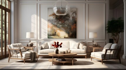three pictures of living rooms with furniture stacked together, and a chair, in the style of vignettes of paris, light white and light brown, grid, duy huynh, classical style, bentwood