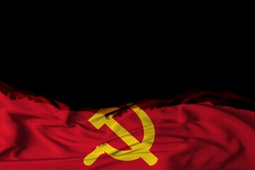 Big wavy communist flag on red background textile fabric. copy space for your text or image and black background 3D illustration
