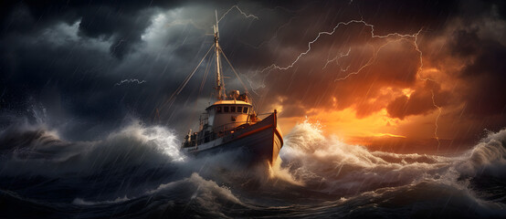 A boat floating in the sea during a storm 2