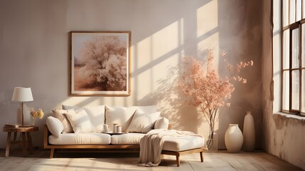 a room in white and light brown colors, in the style of soft, blended brushstrokes, muted colors, danish design, the aesthetic movement, eco-friendly craftsmanship, uhd image, softly blended hues
