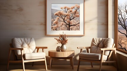 the table sits next to a chair with a framed photo, in the style of light brown and light beige, calming effect, soft tonal range, soft shading, texture-based