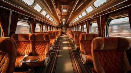 Fototapeta premium Luxurious and classic interior private train, Premium Business Class Seats for Luxury train Travel, Posh first class train Cabin; Exclusive First Class train Seating with Personal Entertainment System