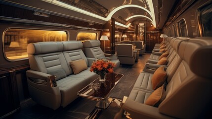 Luxurious and classic interior private train, Premium Business Class Seats for Luxury train Travel, Posh first class train Cabin; Exclusive First Class train Seating with Personal Entertainment System