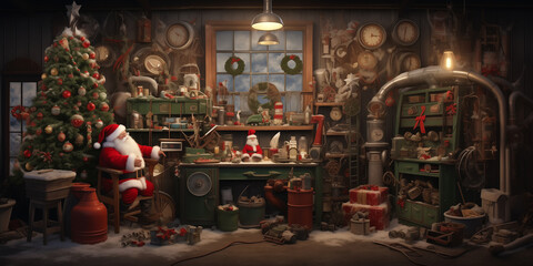 a whimsical backdrop resembling Santa's busy workshop.