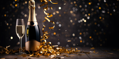 Celebration background with golden champagne bottle, confetti stars and party streamers. 