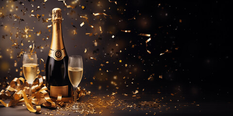 Celebration background with golden champagne bottle, confetti stars and party streamers.  - obrazy, fototapety, plakaty