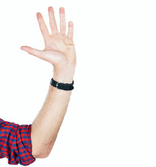Hand, high five or man with hello, greeting or five number gesture isolated on white studio background. Wave, stop or countdown sign language with person with palm in the air, mockup space or waving