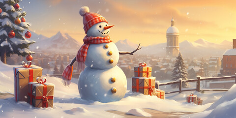 Create a snowman scene with the gift in a snowy landscape.