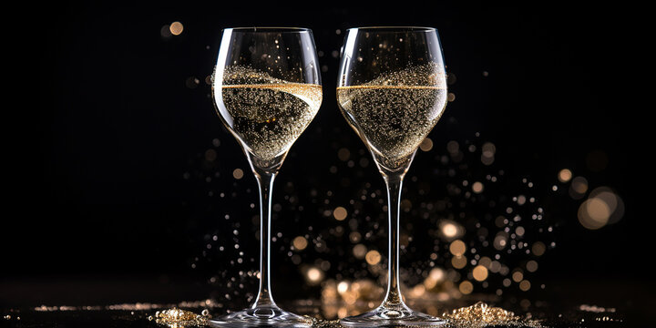 Feature champagne glasses with effervescent bubbles to symbolize toasts and celebrations