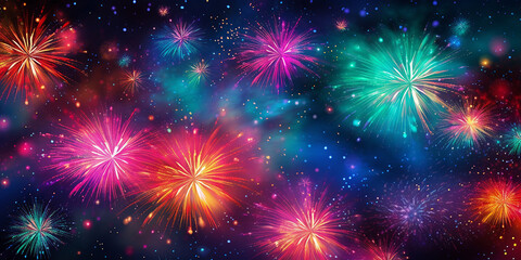 Naklejka premium Neon Fireworks Spectacle: Design a vibrant background with neon-colored fireworks bursting in the night sky