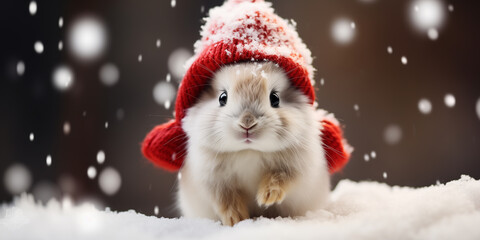 Little tiny bunny dressed up as Santa claus on snowing and christmas tree background.