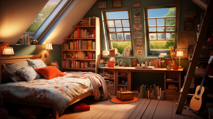 cozy compact loft room on the upper storey. charming sunlit room with lots of stuff and books - obrazy, fototapety, plakaty