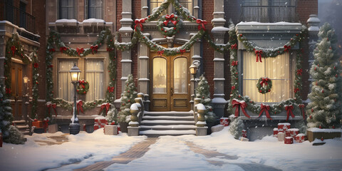 Set the gift in a snowy street scene with holiday decorations.