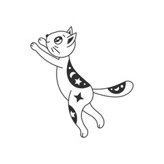 Kawaii celestial cat doodle. Funny magical kitten with spots and stars jumping, flying, standing on two legs. Childish vector illustration. Decorative black line art