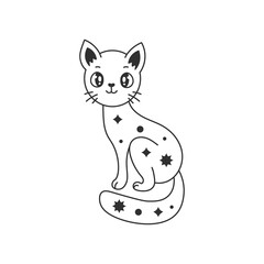 Celestial Cat Doodle. Black line art. Kawaii kitten. Cute animal with stars. Childish vector illustration for kids, astrology, esoteric topics.