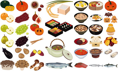 秋の味覚・料理のアイコン①（新米、さんま、松茸、焼きいも、ぶどう）