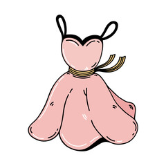 Beautiful pink dress vector icon. Vintage sundress with spaghetti straps and a belt. Glamorous clothes in the style of the 60s. Cute bright outfit for girls. Flat cartoon doodle isolated on white