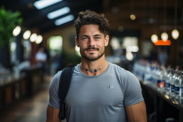 Fitness enthusiast with a water bottle in a gym, Generative AI