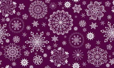 Naklejka na ściany i meble Christmas vector seamless bicolor handwork pattern with stars and white snowflakes on purple background