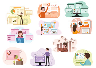 social network concept with new technology. Data analysis with character situations. optimization. people working with statistics. making reports	
