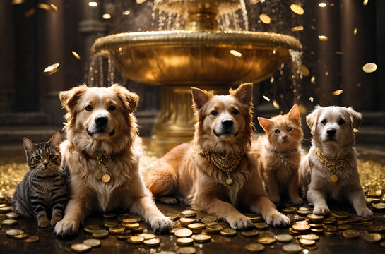 Pets of Prosperity: Dogs and Cats on a Golden Coin Background