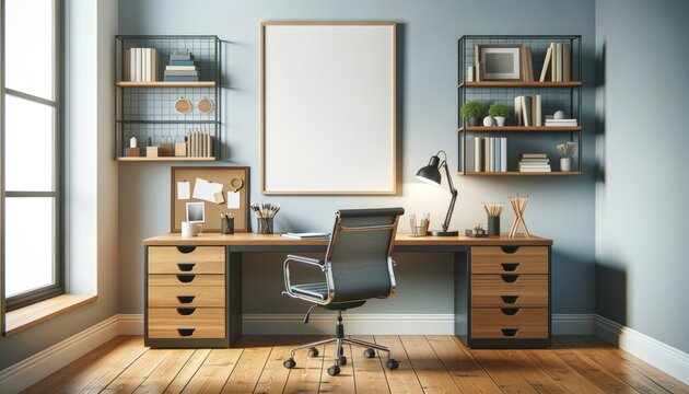 Sleek Wooden Workspace with Inviting Room Ambiance Art Mockup