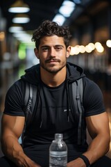 Obraz premium Fitness enthusiast with a water bottle in a gym, Generative AI