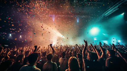 a live rock concert, party, or festival night club with an exuberant crowd cheering. The stage is aglow with vibrant lights - obrazy, fototapety, plakaty
