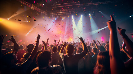 a live rock concert crowd of people dancing on stage - obrazy, fototapety, plakaty