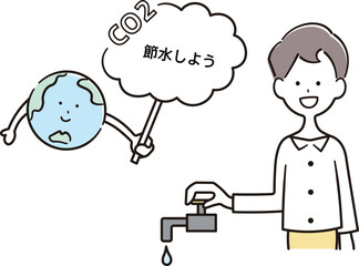 水道を止める男性と地球のキャラクターのイラスト素材