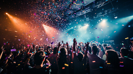  a rock concert. The focus is ont the stage, where a rock band is played a quite song. Silver-colored confetti are slowly falling. The crowd is watching with admiration