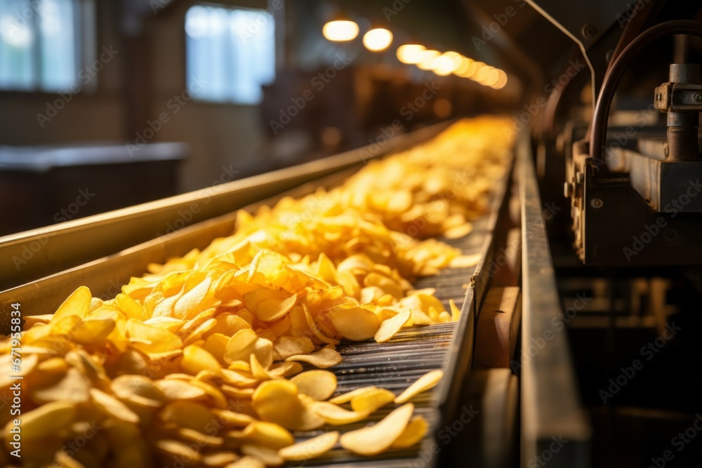 Poster chips factory. production conveyor line. background with selective focus and copy space