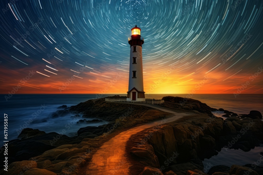 Poster lighthouse on the seashore. background with selective focus and copy space