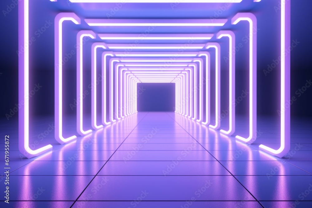 Poster long empty corridor with neon lights. background with selective focus and copy space