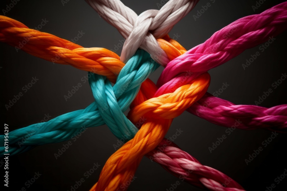 Poster different ropes are woven into a knot. teamwork concept. background with selective focus and copy sp