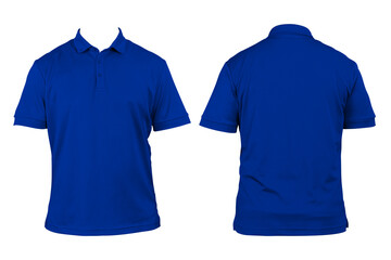 Blank clothing for design. Blue polo shirt, clothing on isolated white background, front and back...