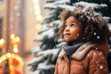 Child at the Christmas market. Portrait with selective focus and copy space