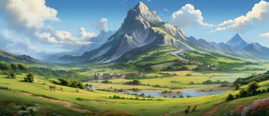 Cartoon style wild alpine meadow landscape 6 - obrazy, fototapety, plakaty