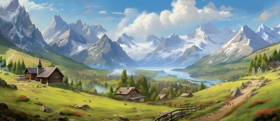 Cartoon style wild alpine meadow landscape 7
