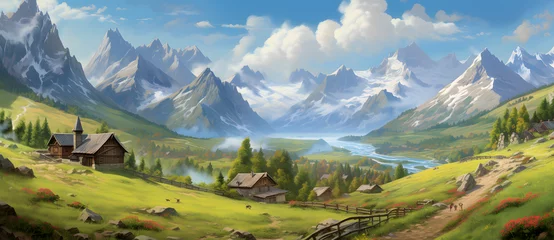 Abwaschbare Fototapete Cartoon style wild alpine meadow landscape 7 © 文广 张