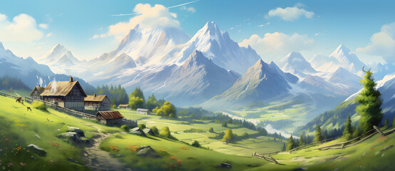 Cartoon style wild alpine meadow landscape 8
