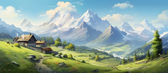 Rolgordijnen Cartoon style wild alpine meadow landscape 8 © 文广 张