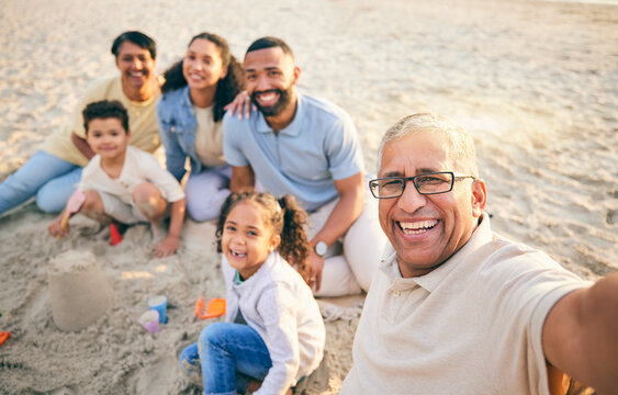 Family, beach selfie and kids, grandparents and portrait in sand for holiday, Mexico vacation or games. Play, castle and happy grandmother in profile picture of mom, dad and children outdoor by ocean