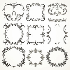 decorative retro design vintage floral Victorian border swirl frame vector label ornamental set